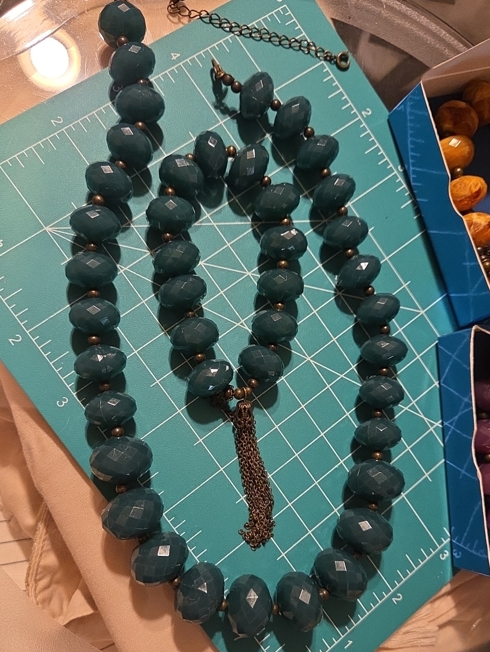 Avon Teal Faceted Bead Necklace with Tassel Accent